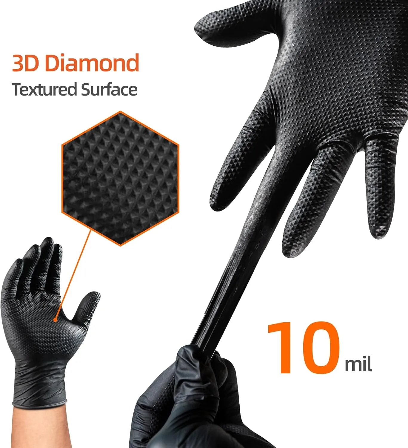 10 Mil Nitrile Disposable Gloves Heavy Duty Mechanic Gloves Raised Diamond Texture Thick (Black of 100, Large)
