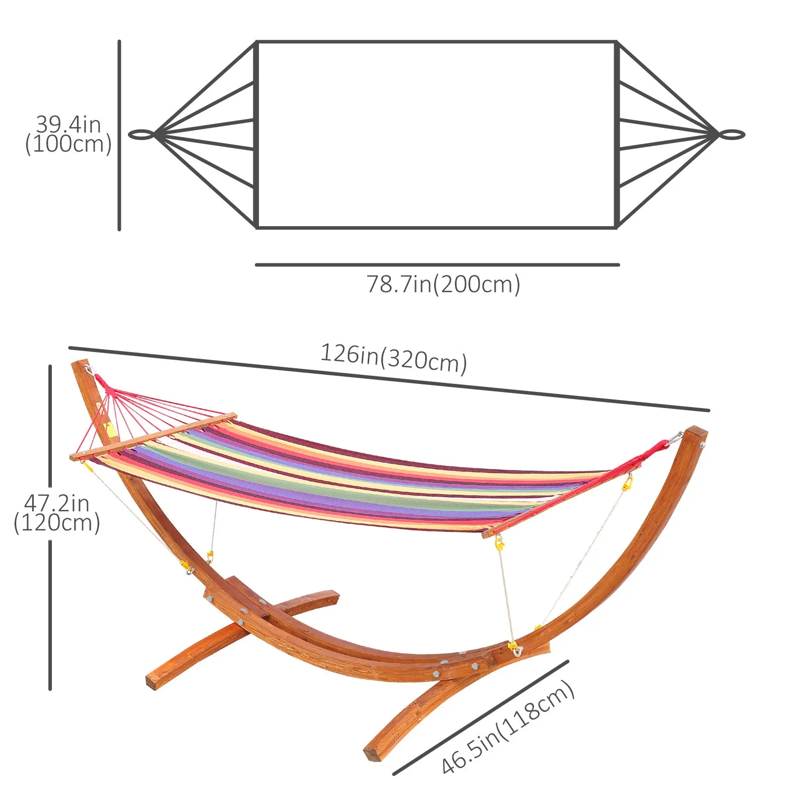 10' Outdoor Swing Hammock, Hammock with Wood Stand Rainbow Bed, Heavy Duty Roman Arc Hammock, Multi Color