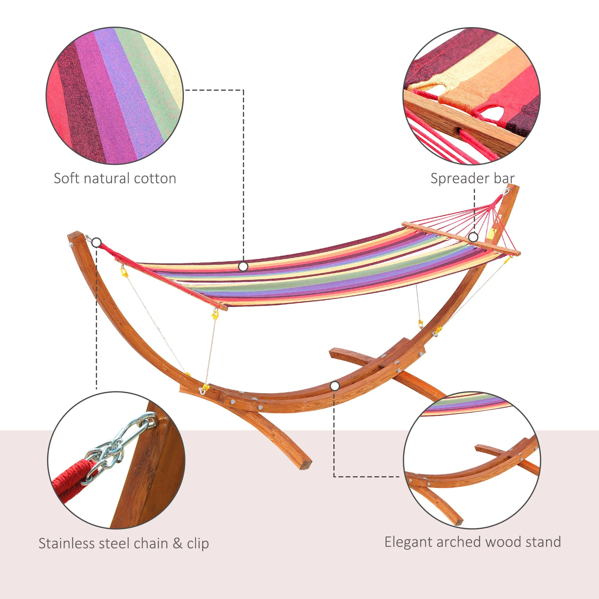 10' Outdoor Swing Hammock, Hammock with Wood Stand Rainbow Bed, Heavy Duty Roman Arc Hammock, Multi Color