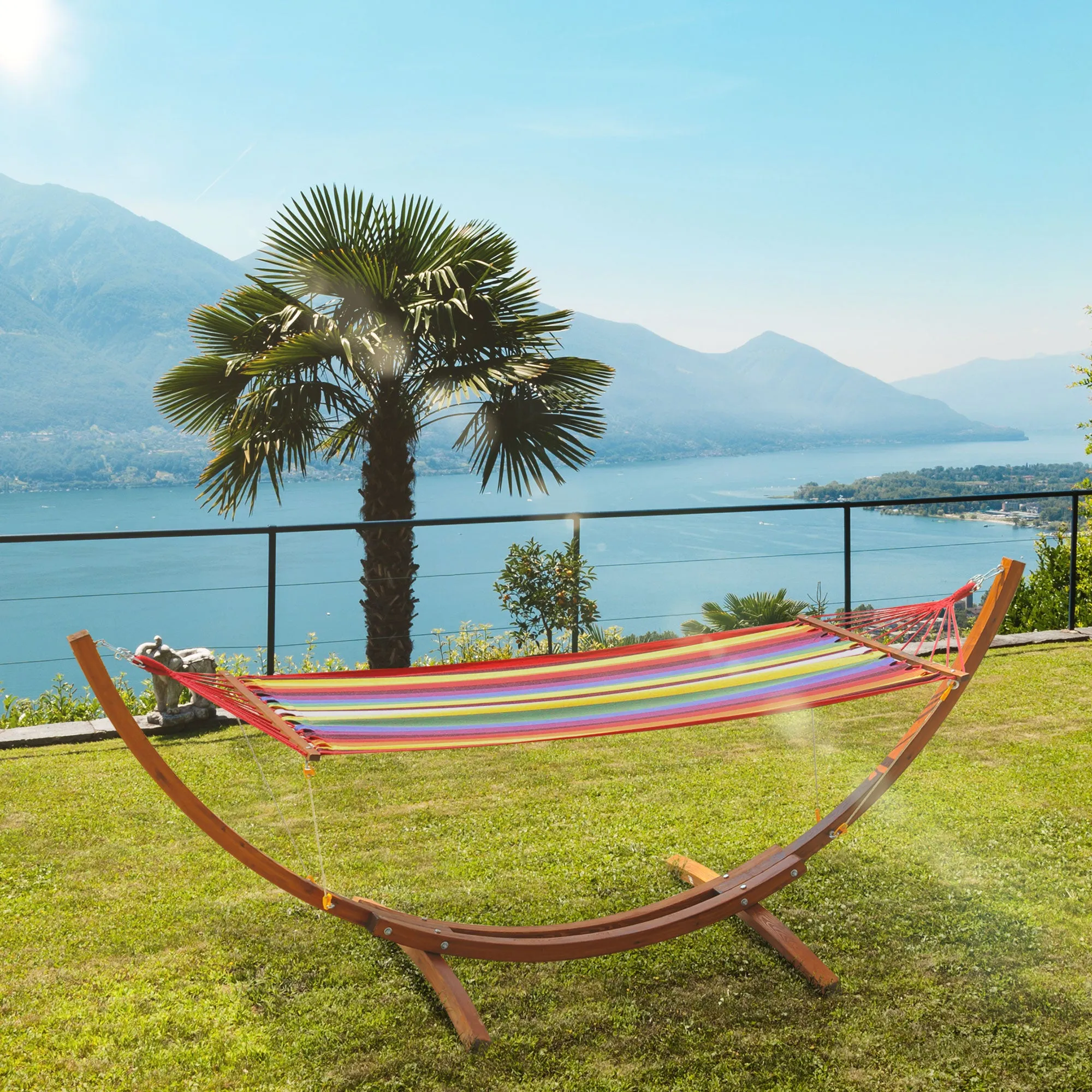 10' Outdoor Swing Hammock, Hammock with Wood Stand Rainbow Bed, Heavy Duty Roman Arc Hammock, Multi Color
