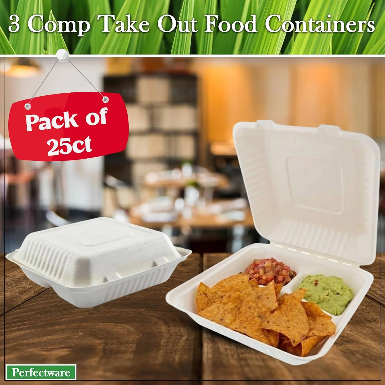 100% Compostable 3 Comp Take Out Food Containers 9x9. 25 Containers, Natural Disposable Bagasse, Eco-Friendly Biodegradable Made of Sugar Cane, Green (PW3comptbagasse-25ct)