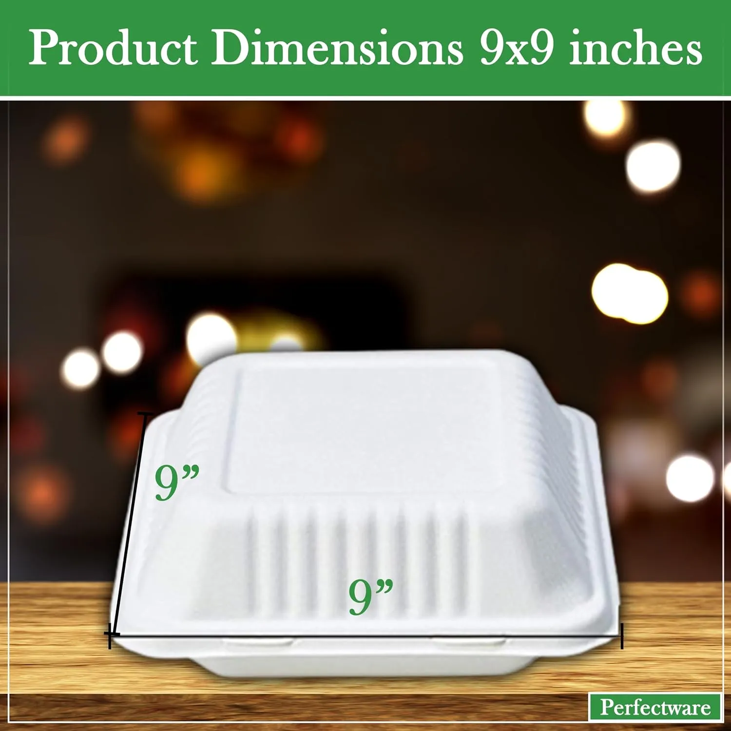 100% Compostable 3 Comp Take Out Food Containers 9x9. 25 Containers, Natural Disposable Bagasse, Eco-Friendly Biodegradable Made of Sugar Cane, Green (PW3comptbagasse-25ct)