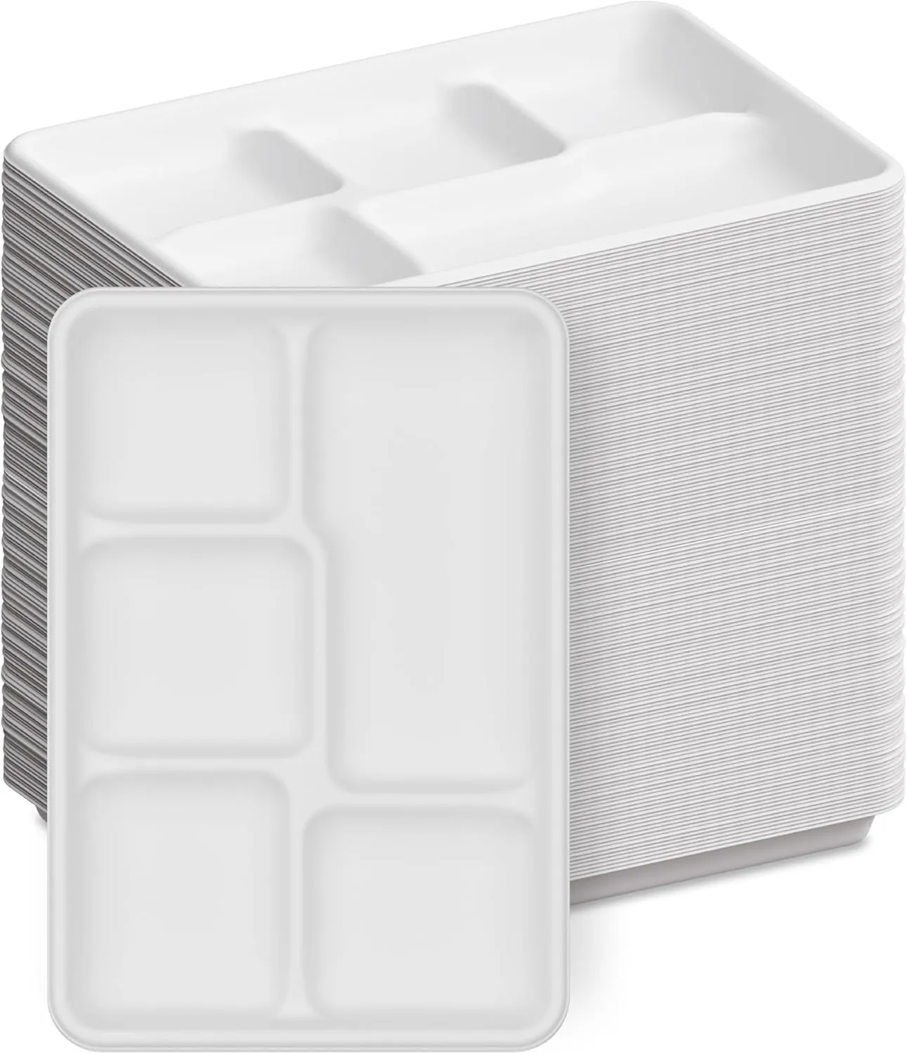 100% Compostable, 5 Compartment, Disposable Paper Plates [125-Pack] - {PFAS Free} - {BPA Certified} - [10 Inch] Heavy Duty Biodegradable Bagasse Sectional Lunch Trays   Dividers - Divided Platter Tray