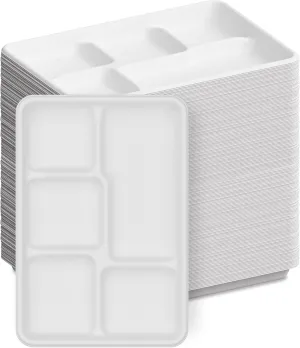 100% Compostable, 5 Compartment, Disposable Paper Plates [125-Pack] - {PFAS Free} - {BPA Certified} - [10 Inch] Heavy Duty Biodegradable Bagasse Sectional Lunch Trays   Dividers - Divided Platter Tray