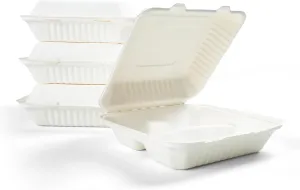 100% Compostable Clamshell Containers - Heavy Duty Disposable Takeout Container [3-Compartment, 9x9x3, 200-Pack] Made of Biodegradable Sugarcane Bagasse, Eco-Friendly To-Go Container
