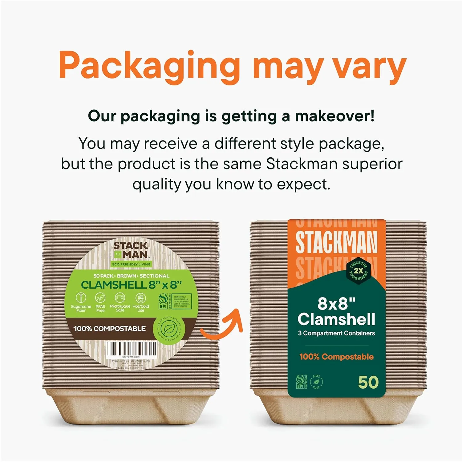 100% Compostable Clamshell Take Out Food Containers [8X8" 3-Compartment 50-Pack] Heavy-Duty Quality to go Containers, Natural Disposable Bagasse, Eco-Friendly Biodegradable Made of Sugar Cane Fibers