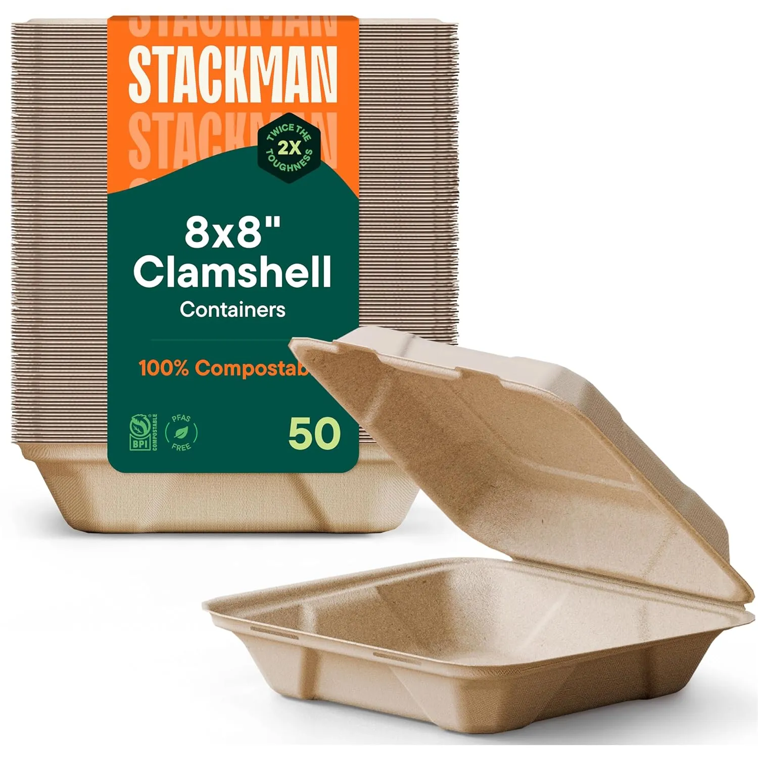100% Compostable Clamshell Take Out Food Containers [8X8" 50-Pack] Heavy-Duty Quality to go Containers, Natural Disposable Bagasse, Eco-Friendly Biodegradable Made of Sugar Cane Fibers