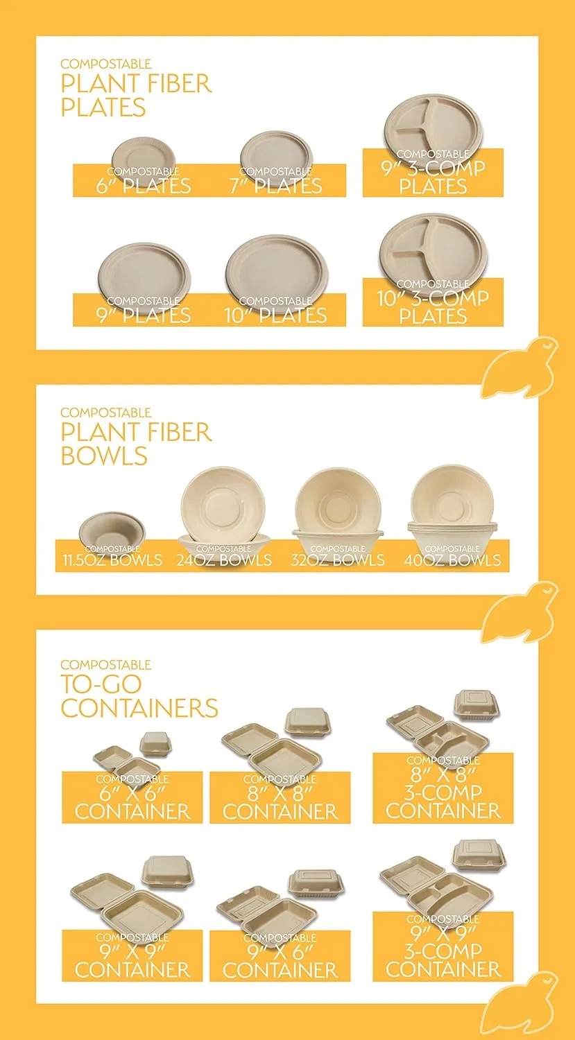 100% Compostable Disposable Food Containers with Lids [9”X6” 50 Pack] Eco-Friendly Take-Out TO-GO Containers, Heavy-Duty, Biodegradable, Unbleached by Earth's Natural Alternative
