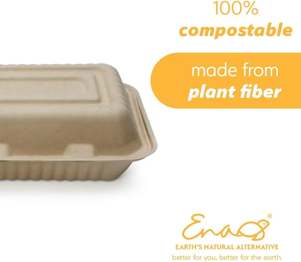 100% Compostable Disposable Food Containers with Lids [9”X6” 50 Pack] Eco-Friendly Take-Out TO-GO Containers, Heavy-Duty, Biodegradable, Unbleached by Earth's Natural Alternative