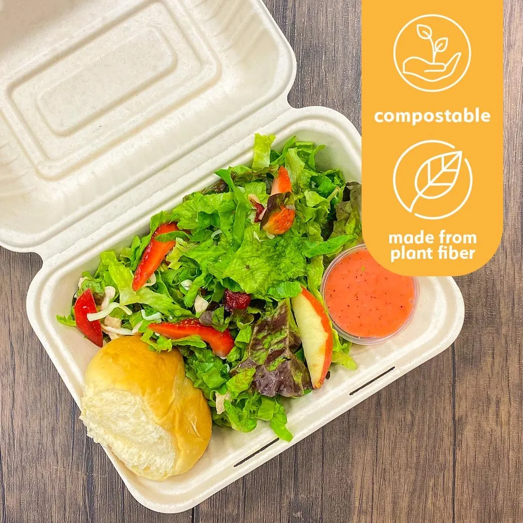 100% Compostable Disposable Food Containers with Lids [9”X6” 50 Pack] Eco-Friendly Take-Out TO-GO Containers, Heavy-Duty, Biodegradable, Unbleached by Earth's Natural Alternative