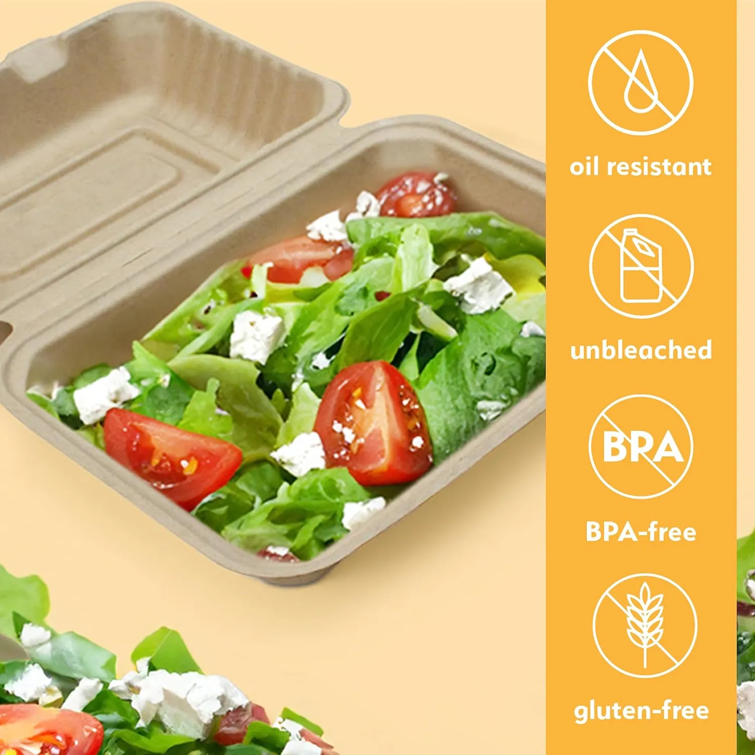 100% Compostable Disposable Food Containers with Lids [9”X6” 50 Pack] Eco-Friendly Take-Out TO-GO Containers, Heavy-Duty, Biodegradable, Unbleached by Earth's Natural Alternative