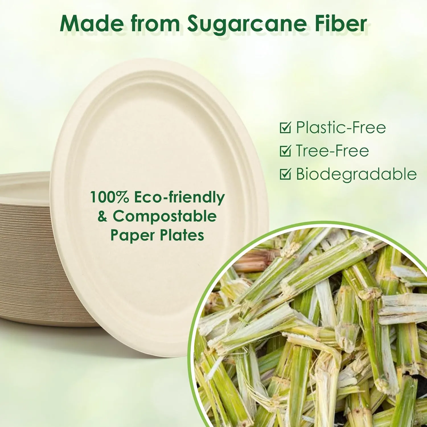 100% Compostable Oval Paper Plates, 12.5Inch 50Pack Disposable Heavy Duty Bagasse Platters Eco-Friendly Biodegradable Sugarcane Plates for BBQ, Party, Picnic - Natural Brown