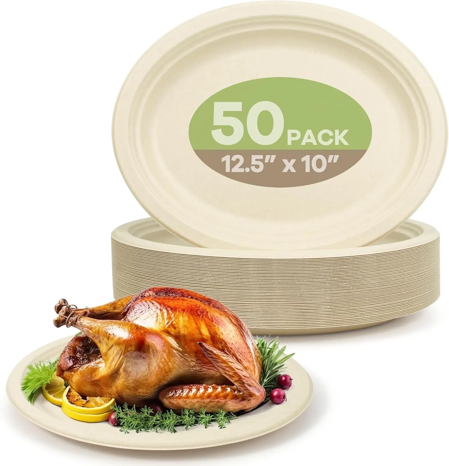 100% Compostable Oval Paper Plates, 12.5Inch 50Pack Disposable Heavy Duty Bagasse Platters Eco-Friendly Biodegradable Sugarcane Plates for BBQ, Party, Picnic - Natural Brown