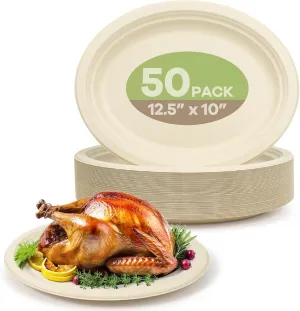 100% Compostable Oval Paper Plates, 12.5Inch 50Pack Disposable Heavy Duty Bagasse Platters Eco-Friendly Biodegradable Sugarcane Plates for BBQ, Party, Picnic - Natural Brown