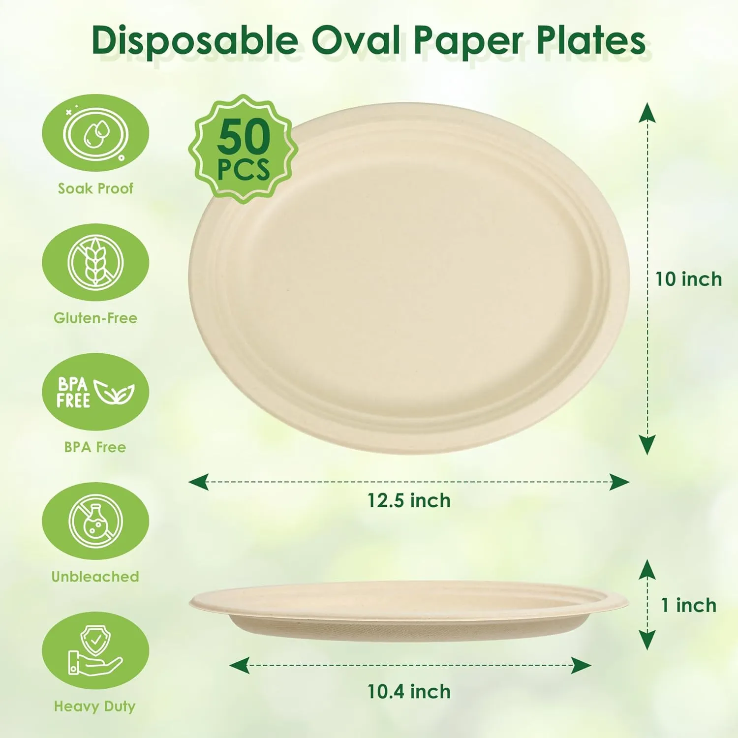 100% Compostable Oval Paper Plates, 12.5Inch 50Pack Disposable Heavy Duty Bagasse Platters Eco-Friendly Biodegradable Sugarcane Plates for BBQ, Party, Picnic - Natural Brown