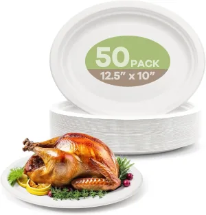 100% Compostable Oval Paper Plates, 12.5Inch 50Pack Disposable Heavy Duty Bagasse Platters Eco-Friendly Biodegradable Sugarcane Plates for BBQ, Party, Picnic - White