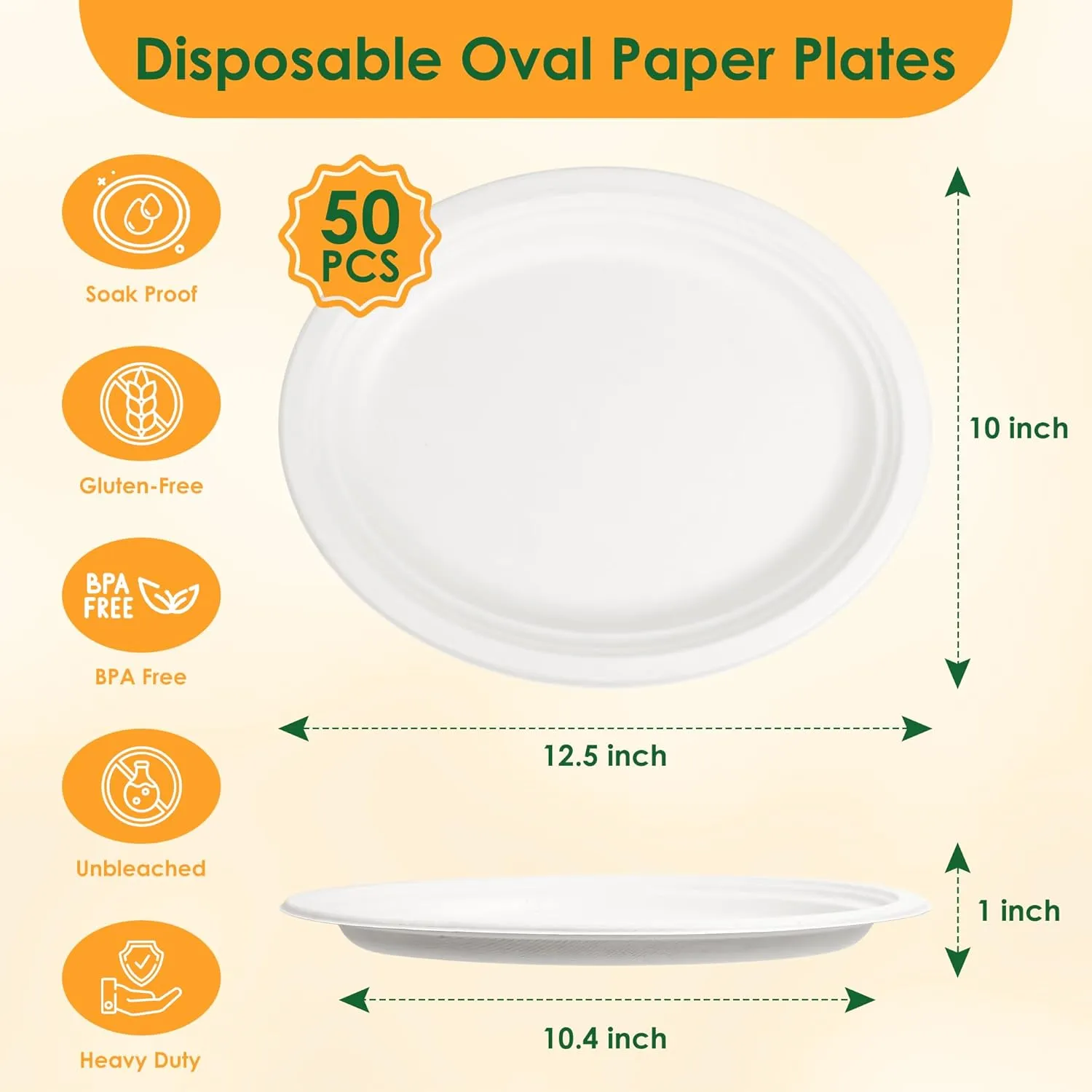 100% Compostable Oval Paper Plates, 12.5Inch 50Pack Disposable Heavy Duty Bagasse Platters Eco-Friendly Biodegradable Sugarcane Plates for BBQ, Party, Picnic - White