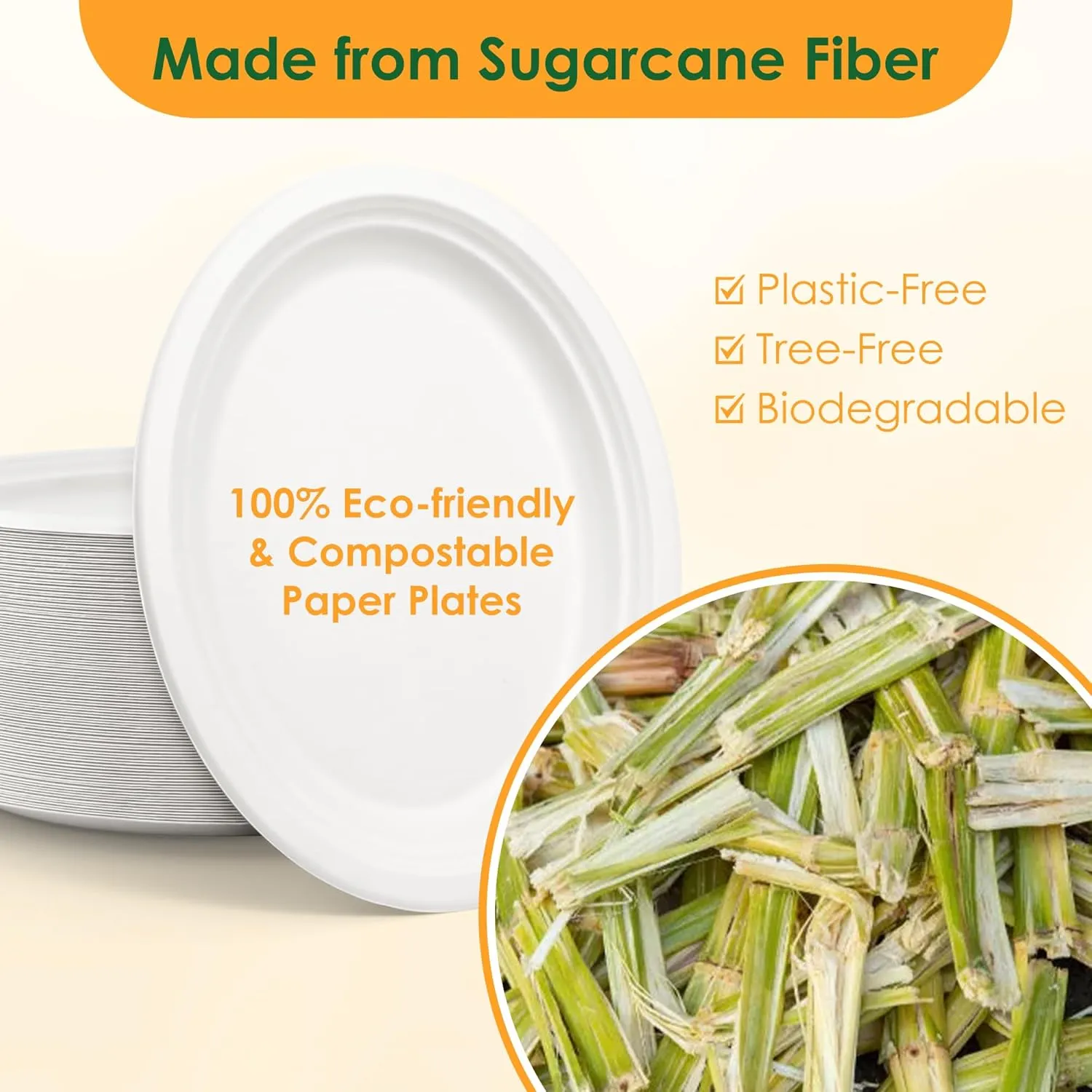 100% Compostable Oval Paper Plates, 12.5Inch 50Pack Disposable Heavy Duty Bagasse Platters Eco-Friendly Biodegradable Sugarcane Plates for BBQ, Party, Picnic - White