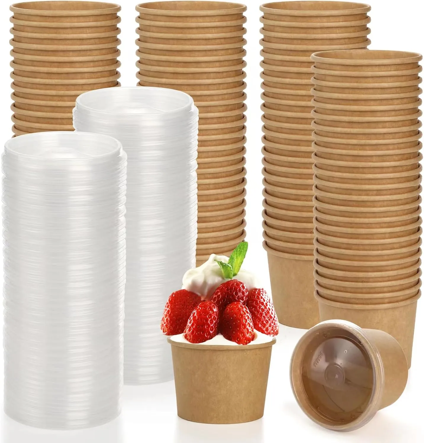 100 Pack 8 Oz Paper Soup Containers with Lids, Disposable Kraft Paper Food Cups，Heavy Duty To Go Soup Container Dessert Cup Bowls for Ice Cream, Yogurt, Cold and Hot Foods
