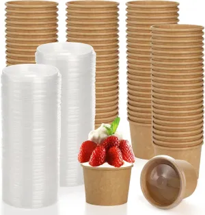 100 Pack 8 Oz Paper Soup Containers with Lids, Disposable Kraft Paper Food Cups，Heavy Duty To Go Soup Container Dessert Cup Bowls for Ice Cream, Yogurt, Cold and Hot Foods