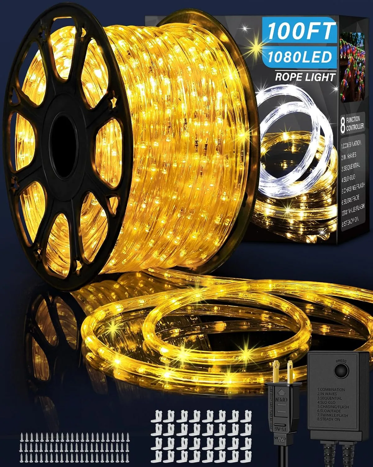 100ft 1080 LED Rope Lights Christmas Outdoor Waterproof, Flexible Connectable Tube Lights with 8 Modes, String Lights Decorative Lighting for Garden Patio Tree Bedroom Xmas Decor(Warm White)