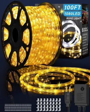 100ft 1080 LED Rope Lights Christmas Outdoor Waterproof, Flexible Connectable Tube Lights with 8 Modes, String Lights Decorative Lighting for Garden Patio Tree Bedroom Xmas Decor(Warm White)
