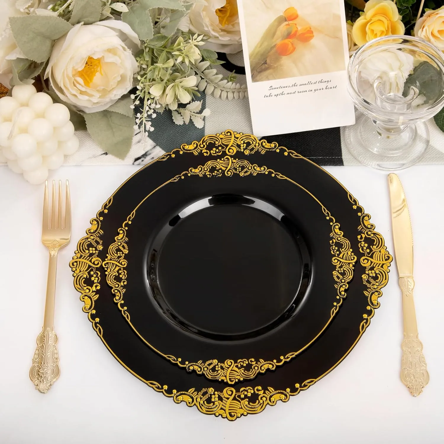 102PCS Black and Gold Plastic Plates - Black Disposable Plates - Heavyweight Disposable Plate with Gold Rim - Fancy Dinner & Dessert Plate for 51 Guests Graduation Weddings