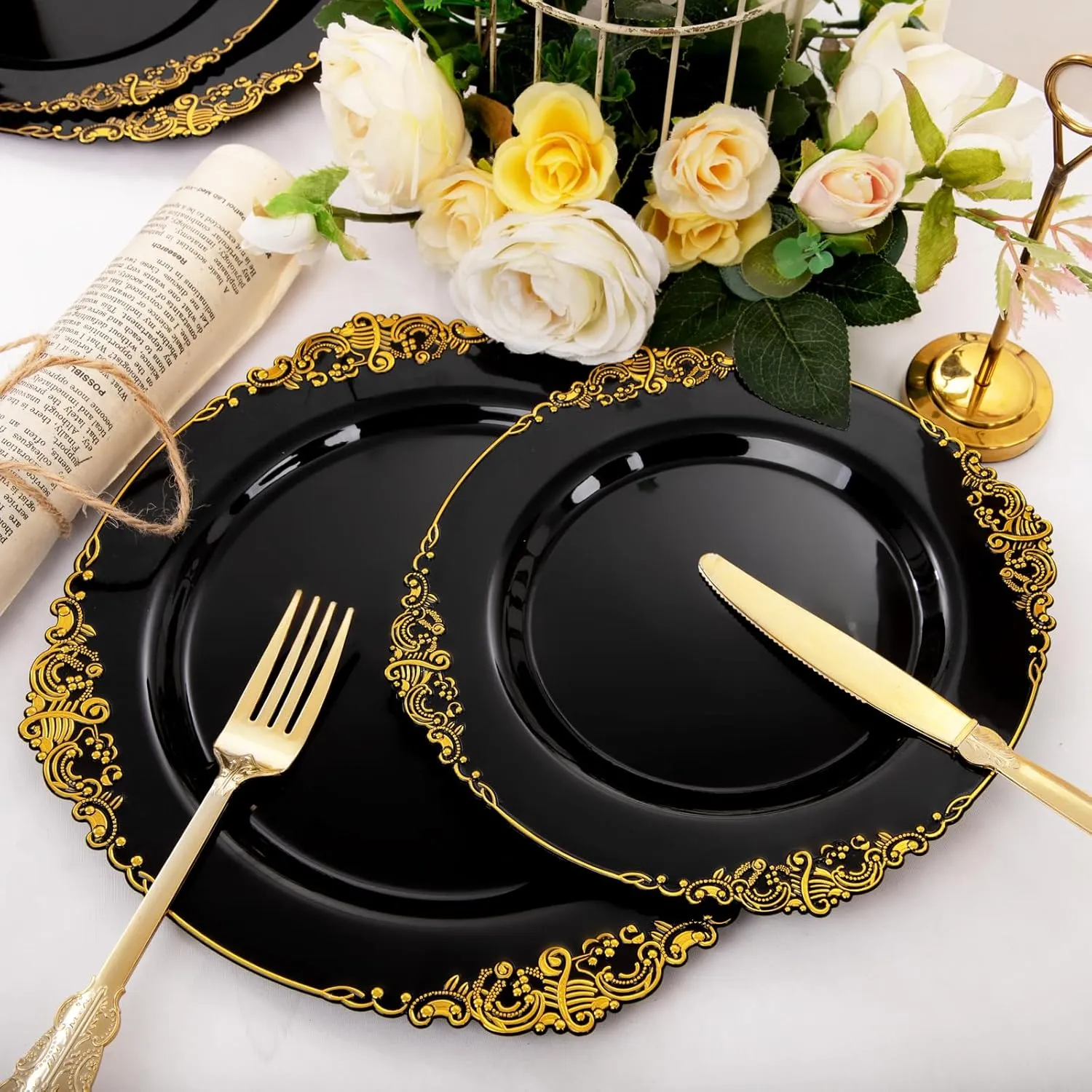 102PCS Black and Gold Plastic Plates - Black Disposable Plates - Heavyweight Disposable Plate with Gold Rim - Fancy Dinner & Dessert Plate for 51 Guests Graduation Weddings