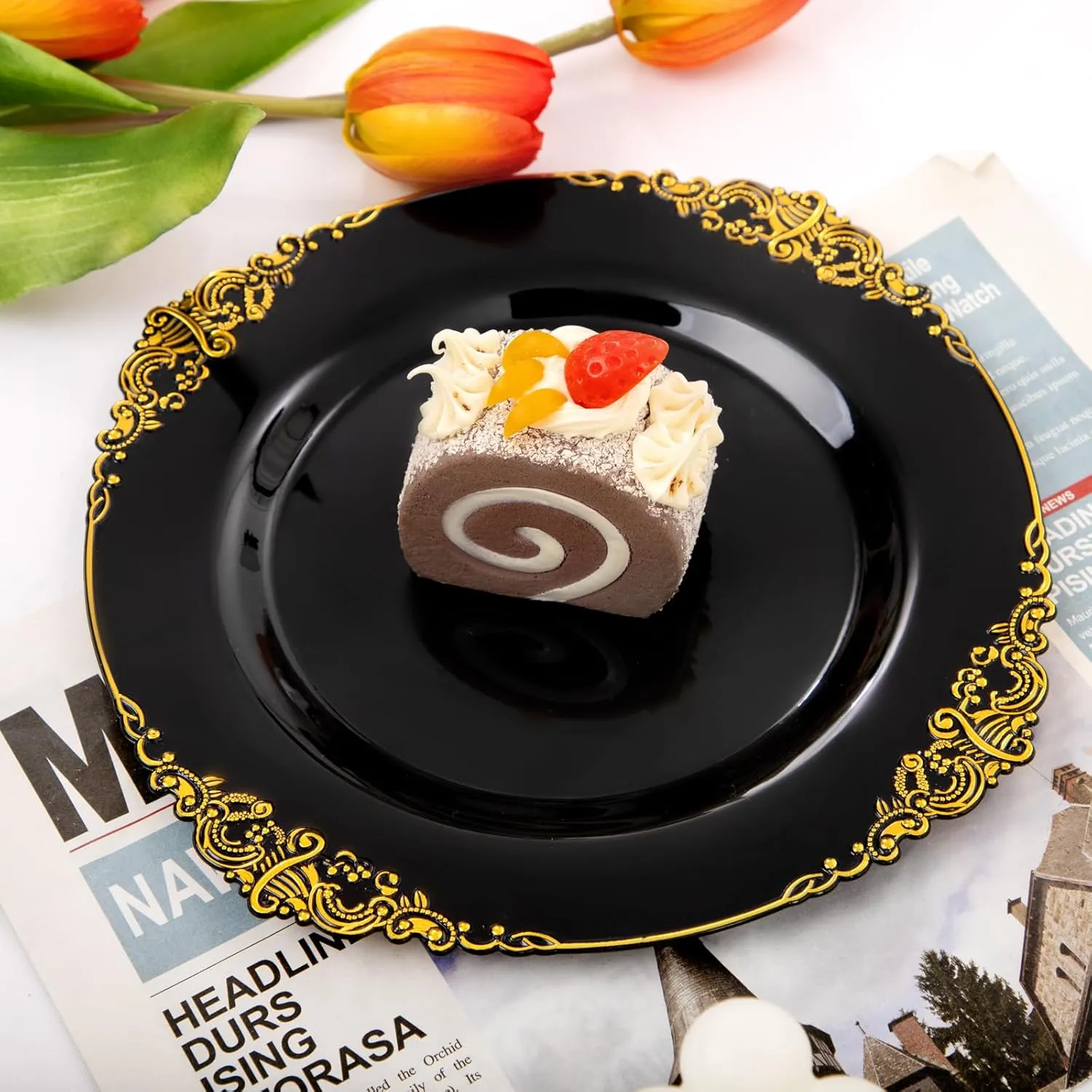 102PCS Black and Gold Plastic Plates - Black Disposable Plates - Heavyweight Disposable Plate with Gold Rim - Fancy Dinner & Dessert Plate for 51 Guests Graduation Weddings