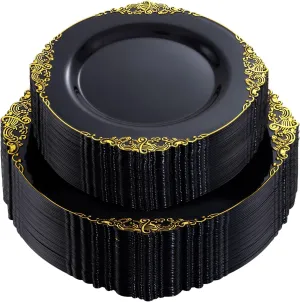 102PCS Black and Gold Plastic Plates - Black Disposable Plates - Heavyweight Disposable Plate with Gold Rim - Fancy Dinner & Dessert Plate for 51 Guests Graduation Weddings