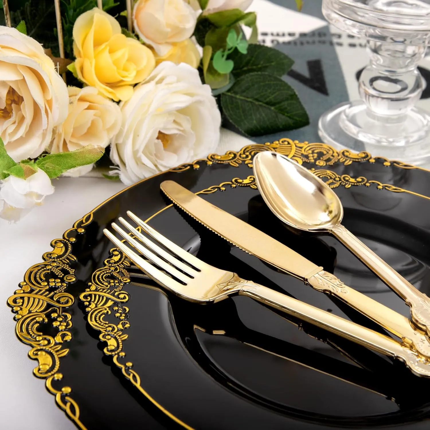 102PCS Black and Gold Plastic Plates - Black Disposable Plates - Heavyweight Disposable Plate with Gold Rim - Fancy Dinner & Dessert Plate for 51 Guests Graduation Weddings