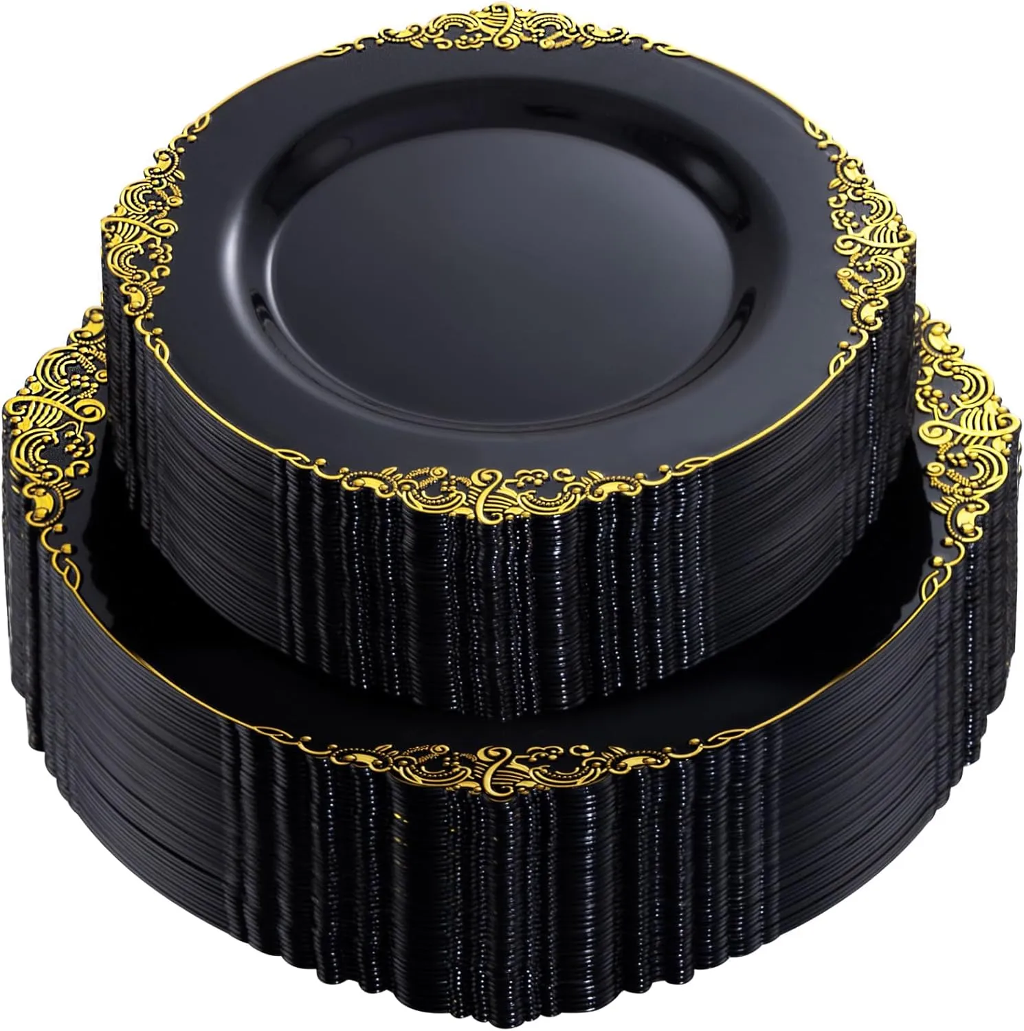 102PCS Black and Gold Plastic Plates - Black Disposable Plates - Heavyweight Disposable Plate with Gold Rim - Fancy Dinner & Dessert Plate for 51 Guests Graduation Weddings
