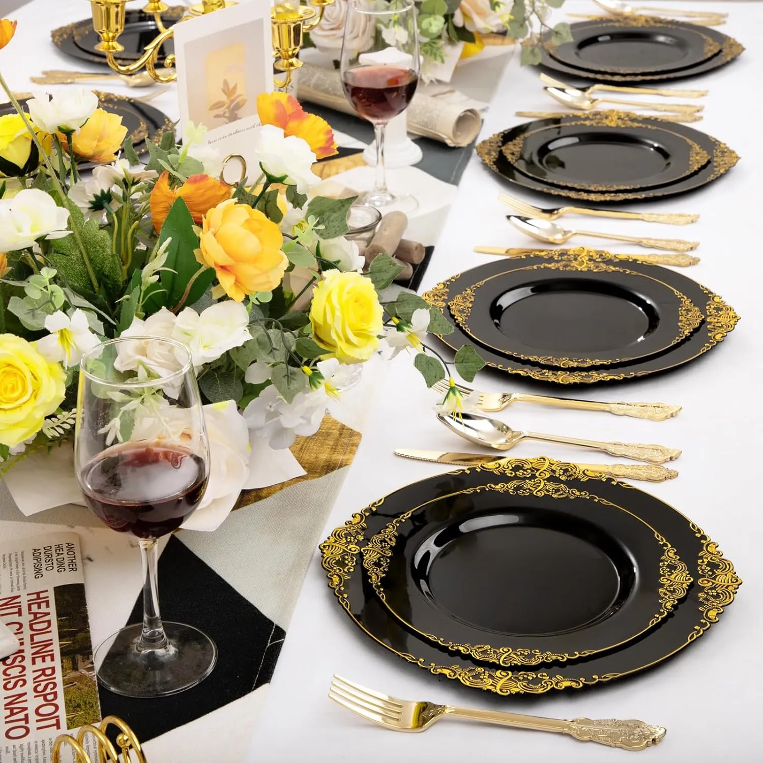102PCS Black and Gold Plastic Plates - Black Disposable Plates - Heavyweight Disposable Plate with Gold Rim - Fancy Dinner & Dessert Plate for 51 Guests Graduation Weddings