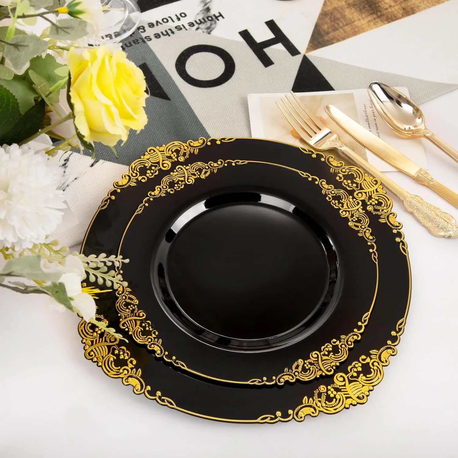 102PCS Black and Gold Plastic Plates - Black Disposable Plates - Heavyweight Disposable Plate with Gold Rim - Fancy Dinner & Dessert Plate for 51 Guests Graduation Weddings