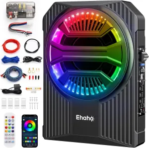 10" 1000W Slim Underseat Car Powered Subwoofer with Amplifier & RGB Lights – APP/Remote Control, Music Sync Bass & Rainbow Chasing Effects, Car Truck Audio Subwoofer and Amp Package