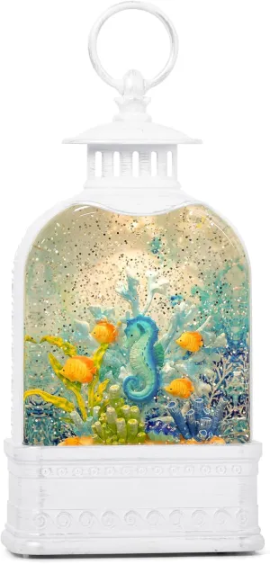 11 Inch Ocean Seahorse Decor Snow Globe,Light Up Sparkly with 6H Timer Lantern Snow Globe Seahorse Sea Nautical Decoration for Summer Decor Gifts