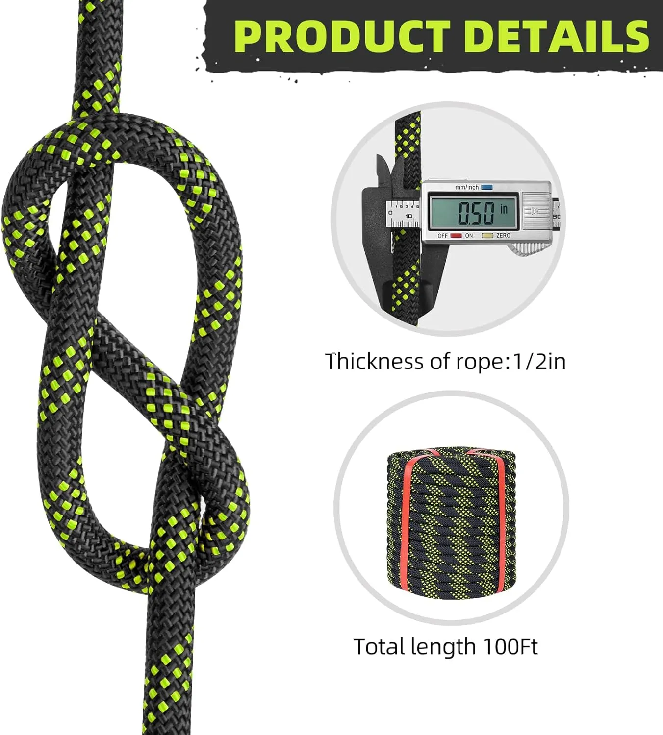 1/2 Inch Climbing Rope 100 Ft Black - 48 Strands Tree Climbing,1/2in Arborist Rope,Rappelling Rope,Static Nylon Polyester Braided Rope,Bull Rope for Tree Pulling,Nautical Rigging Rope Swing