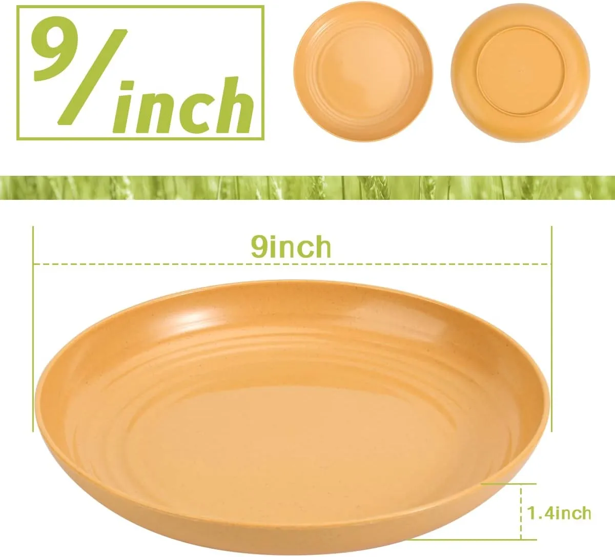 12 PACK 9 Inch Lightweight Wheat Straw Plates, Microwave and Dishwasher Safe BPA Free and Healthy Wheat Straw Plates, Unbreakable Deep Dinner Plates