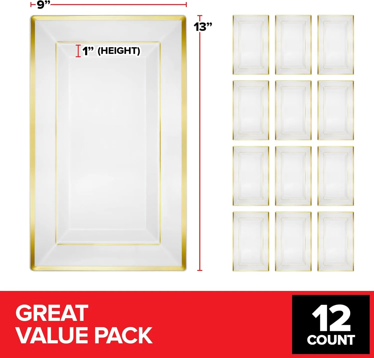 (12 Pcs) Premium White and Gold Plastic Serving Tray, Plastic Serving Platter Disposable, White Rectangle Party Trays and Platters for Fruit, Dessert, Cookies, Appetizers, Holiday Parties