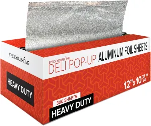 12' Ultra Heavy Duty Pop Up Deli Aluminum Foil, 500 Pre-Cut Sheets, Ideal for Restaurant, Food, Burrito, Hot Dog or Sandwich