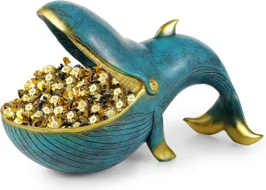 12'' Whale Statue, Resin Whale Figurine Fun Candy Dish Home Decor, Key Bowl for Entryway Table, Big Mouth Sculpture Table Art Gifts Decoration Sundries Container Storage Box （Bronze Cyan）
