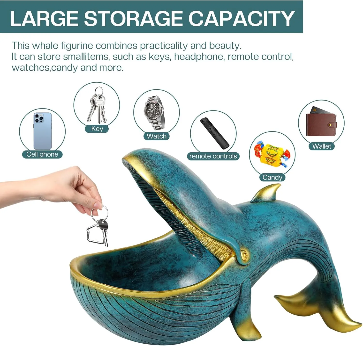 12'' Whale Statue, Resin Whale Figurine Fun Candy Dish Home Decor, Key Bowl for Entryway Table, Big Mouth Sculpture Table Art Gifts Decoration Sundries Container Storage Box （Bronze Cyan）