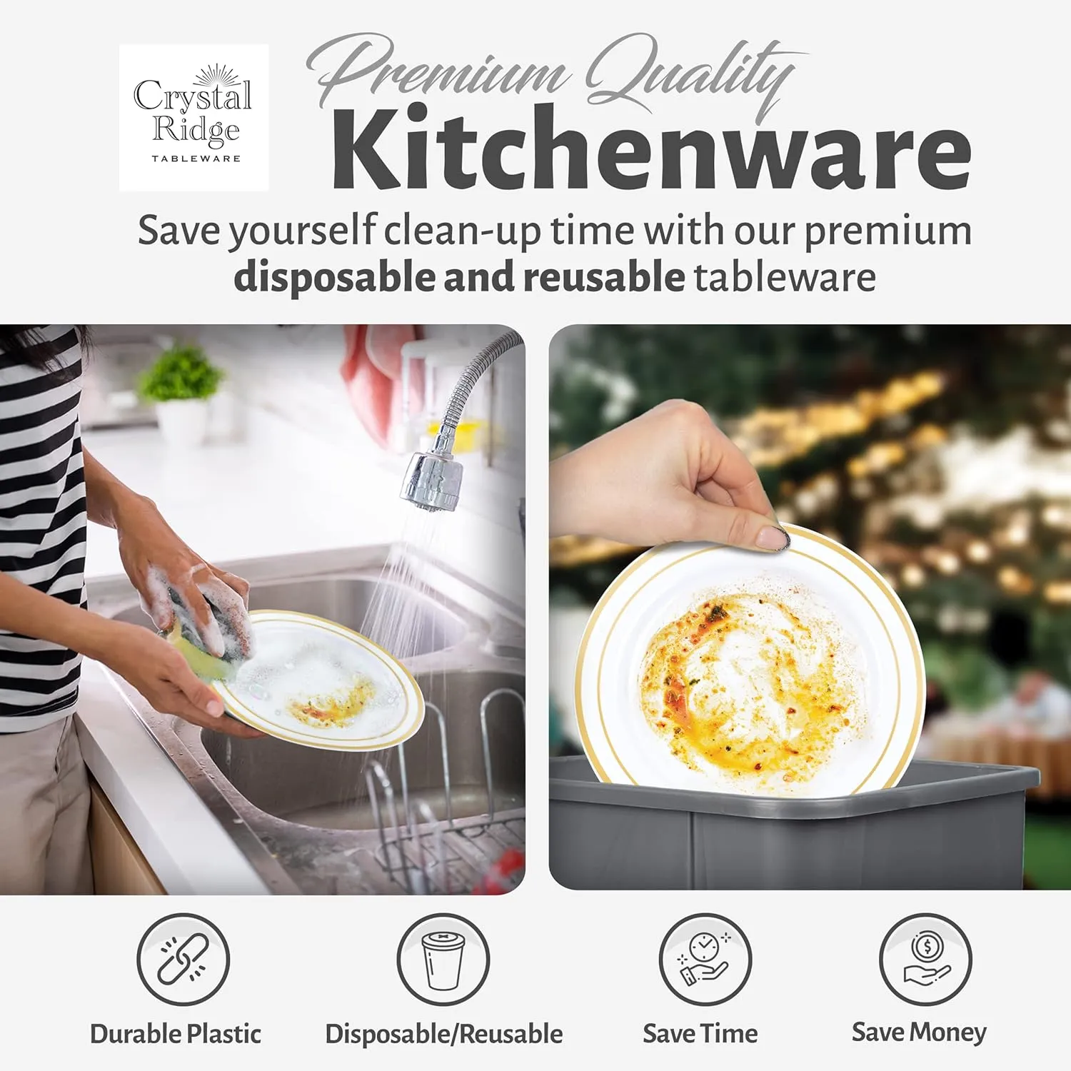 120-Piece Salad Plastic Plates Set - Premium Disposable Plates for Party, Wedding - White with Gold Rim