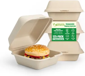 125 Pack 6x6 Inch Clamshell Take Out Food Containers,100% Compostable Disposable To Go Containers with Lid,Square Small Lunch Box,Heavy Duty,Eco-Friendly Biodegradable Bagasse Take Out Boxes