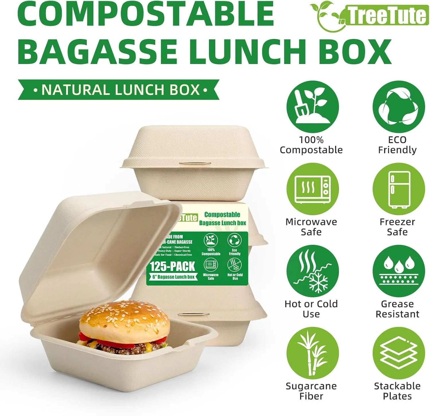 125 Pack 6x6 Inch Clamshell Take Out Food Containers,100% Compostable Disposable To Go Containers with Lid,Square Small Lunch Box,Heavy Duty,Eco-Friendly Biodegradable Bagasse Take Out Boxes
