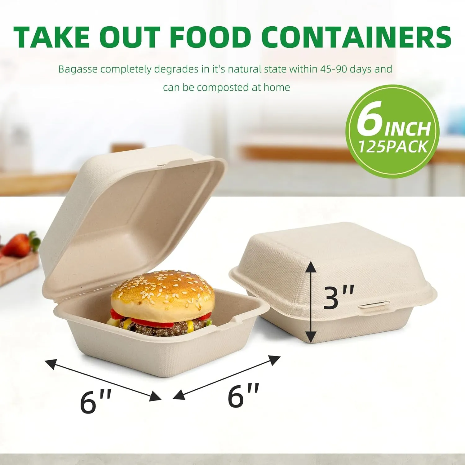 125 Pack 6x6 Inch Clamshell Take Out Food Containers,100% Compostable Disposable To Go Containers with Lid,Square Small Lunch Box,Heavy Duty,Eco-Friendly Biodegradable Bagasse Take Out Boxes