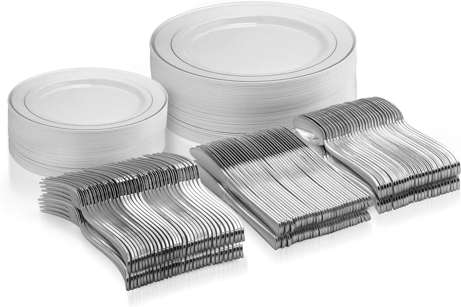 125 Piece Silver Dinnerware Party Set - 50 Silver Rim Plastic Plates, 25 Dinner 25 Dessert Plates, 25 Knives, 25 Forks, 25 Spoons - 25 Guest Disposable Set for Wedding Birthday Parties