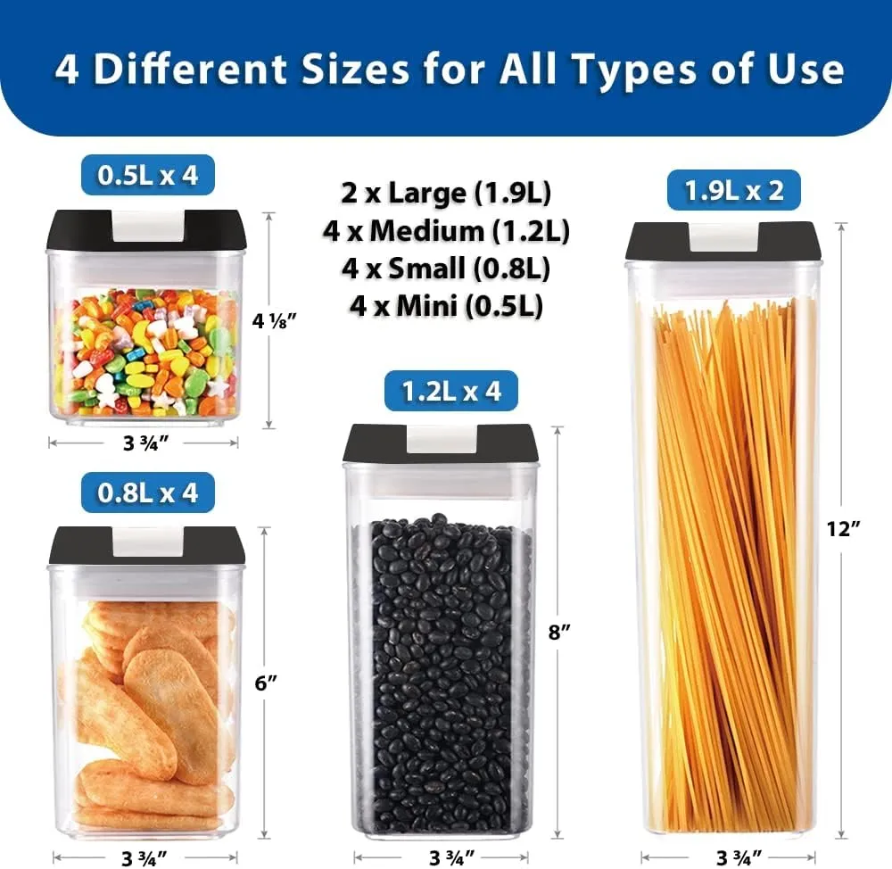 14 PACK Airtight Food Storage Containers Set with Lids for Kitchen & Pantry Organization - BPA-Free for Cereal, Pasta, Rice, Vegetables & Flour - Free Labels & Marker - BLACK