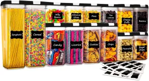 14 PACK Airtight Food Storage Containers Set with Lids for Kitchen & Pantry Organization - BPA-Free for Cereal, Pasta, Rice, Vegetables & Flour - Free Labels & Marker - BLACK