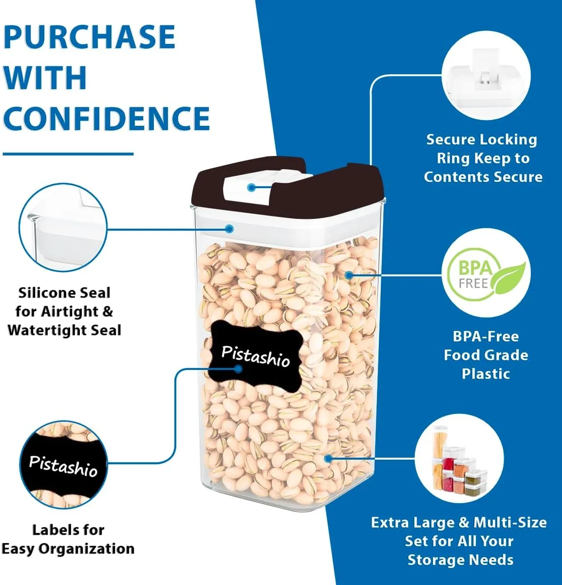 14 PACK Airtight Food Storage Containers Set with Lids for Kitchen & Pantry Organization - BPA-Free for Cereal, Pasta, Rice, Vegetables & Flour - Free Labels & Marker - BLACK